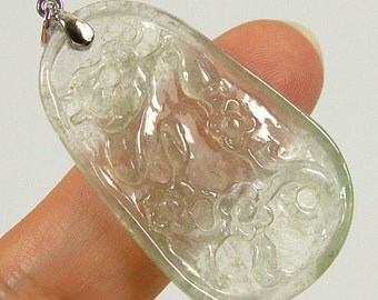 Jadeit e Old Jade Carved Flowers Birds Floral 18k White Gold Pendant ...