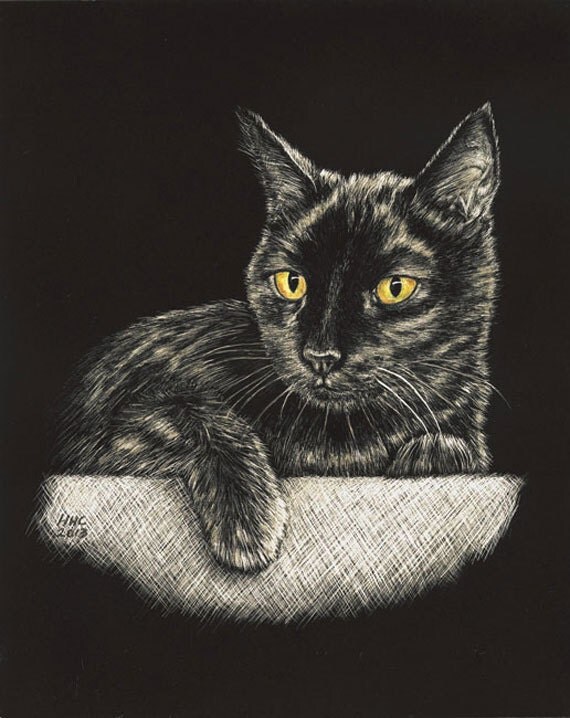 Print of original scratchboard cat portrait by Helen H. Conrad