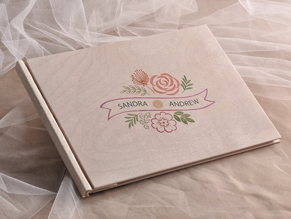 Custom Wood, Wooden Wedding Guest Book, Floral Handpainted Guestbook, Laser Engraved Names Bride and Groom, 