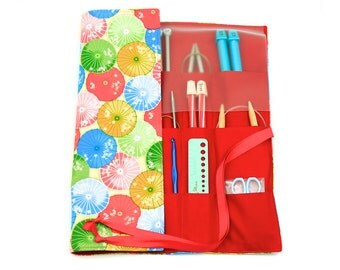Knitting Needle Case - Parasols - IN STOCK Large Organizer 30 red pockets for circular, straight, dpn