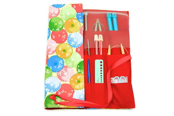 Knitting Needle Case - Parasols - IN STOCK Large Organizer 30 red pockets for circular, straight, dpn