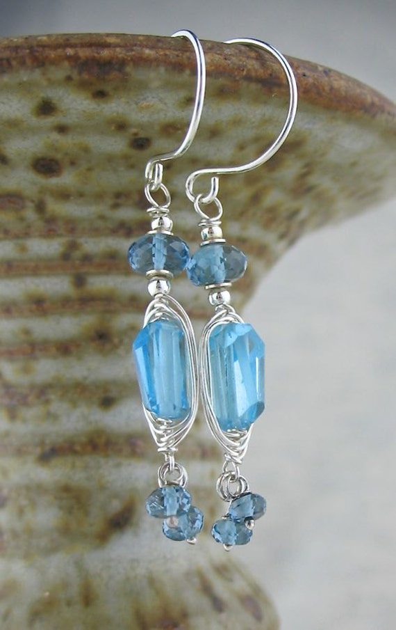 Blue Topaz Earrings Blue Gemstone Wrapped Earrings Topaz