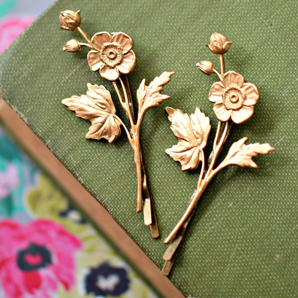 Golden Flower Bobby Pin Set of Two by on Etsy