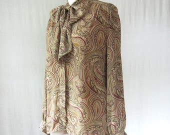 Bow Blouse Paisley Shirt Art Nouveau Print Bow Tie Neck Blouse 1980s