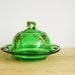 Covered Butter Dish, Emerald Green Pressed Glass Dish, Heisey Winged Scroll, Antique Victorian Glass, Round Plate, Gold Trim, Late 1800s