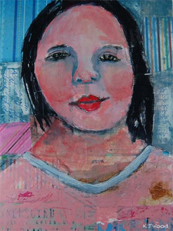 Acrylic Portrait Painting Collage, Maria, 9x12 Canvas Panel, Original, Mixed Media, Girl, Black Hair, Pink, Blue