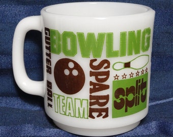 Vintage Bowling Mug/ 1970's Glasbake Milk Glass Coffee Cup RETRO