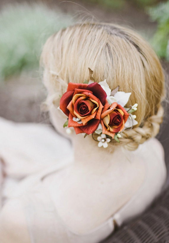 Items similar to fall hair accessories, burnt orange flower, rust