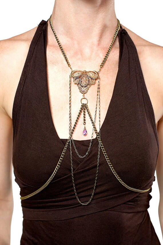 Items similar to Butterfly Body Chain with Amethyst, body necklace on Etsy