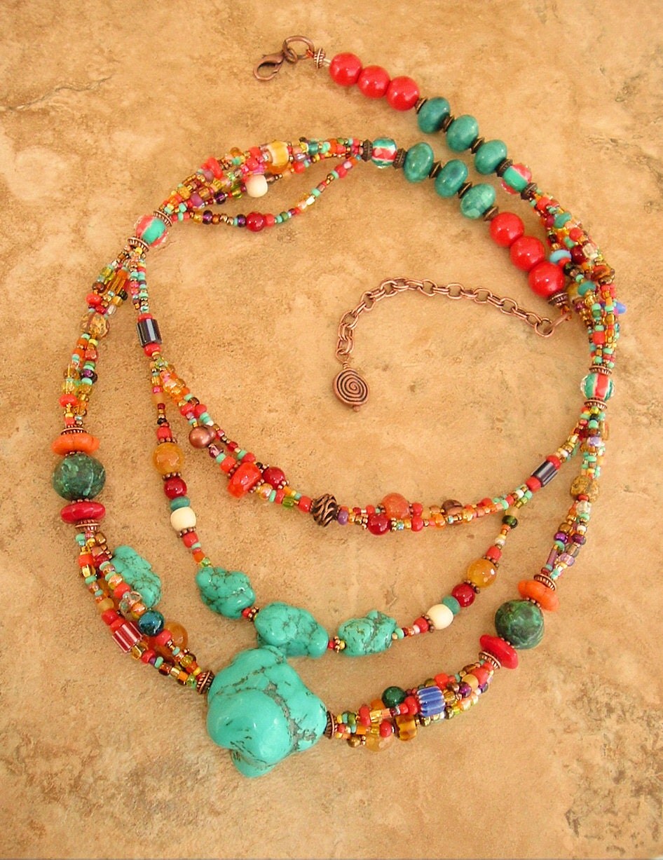 Boho Necklace Beadwork Layered Necklace Turquoise by BohoStyleMe