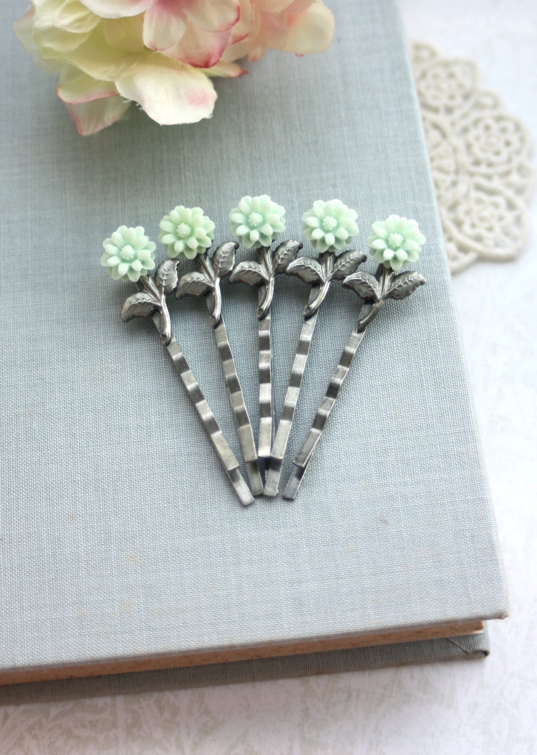 Wedding Hair Accessories. Mint Flower Hair Pins. Green Mum