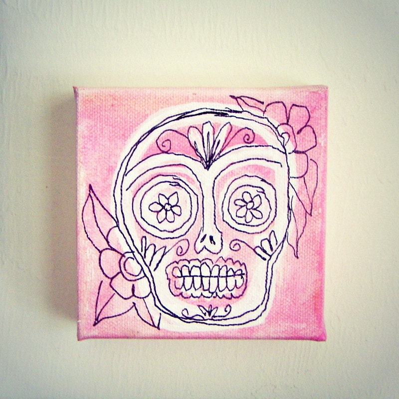 Pink Sugar Skull Painting 4x4 mini canvas Wall Art by sewZinski