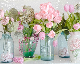 Shabby Chic Flower Photography, Dreamy Tulips Roses Mason Jars Print, Summer Garden Flower Prints, Aqua Teal Pink Flowers Mason Jars Print
