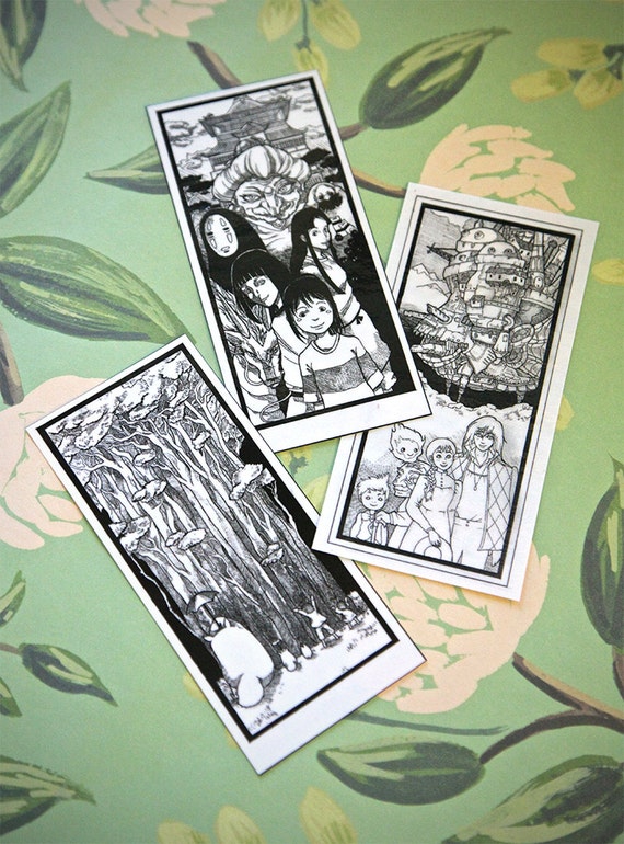 studio ghibli ink illustration bookmarks by jyunghandcrafted