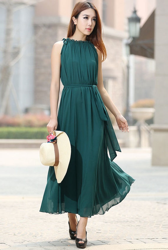 Items similar to Dark green dress woman chiffon dress custom made maxi ...