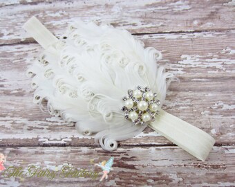 Feather Headband, Ivory Feather Headband w/ Pearl & Crystal Accent, Baptism, Christening, Wedding, Baby Toddler Child Girls Headband Adult