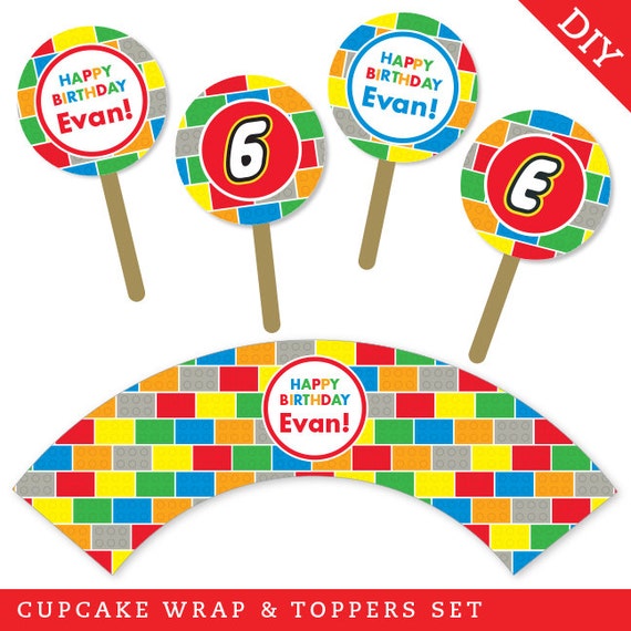 Building Bricks Party - Personalized DIY printable cupcake wrapper and topper set Il_570xn