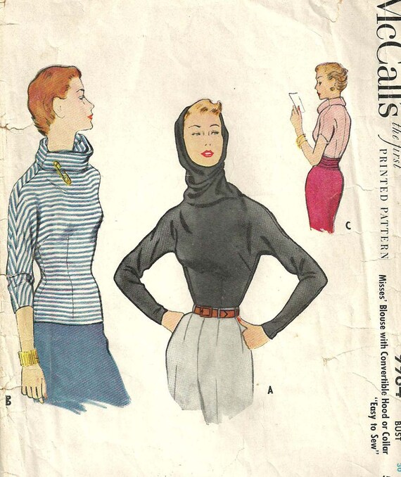Vintage 50s Sewing Pattern  Blouse Shirt  Top Turtleneck  McCalls