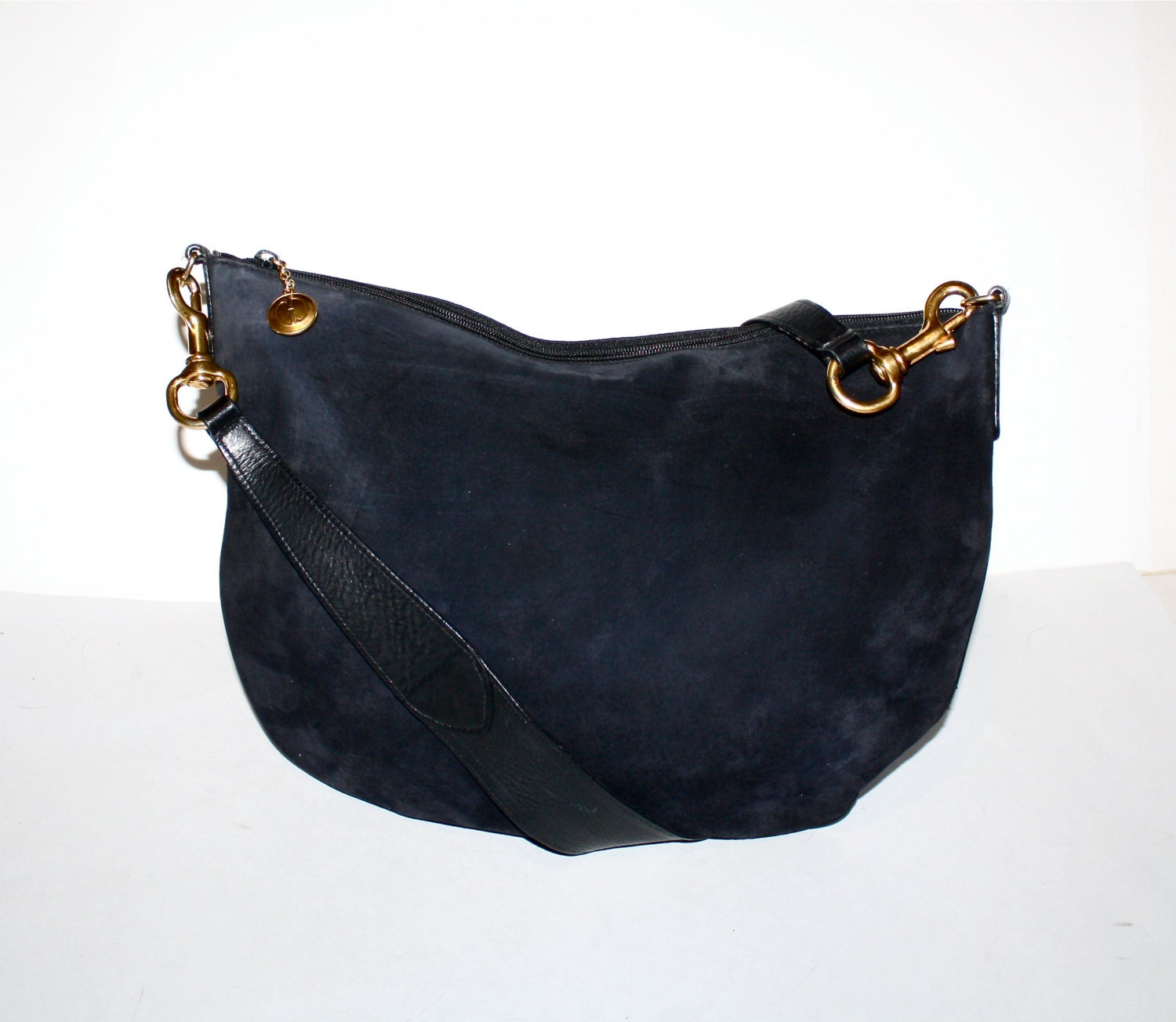 GUCCI Vintage Hobo Handbag Black Suede Leather Large
