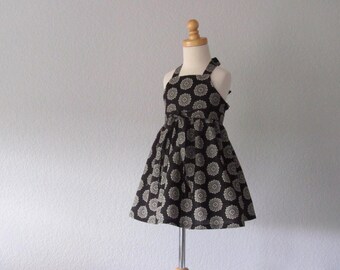 Little Girls Black Halter Sun Dress - Lovely Flowers in Cream on Black - Little Girls Little Black Dress - Size 2T, 3T, 4T, 5, 6, or 8