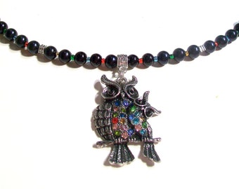 Jeweled Owl Pendant Necklace Set in Black Stone, Owl Pendant, Owl Jewelry, Owl Necklace, 2 Piece Set