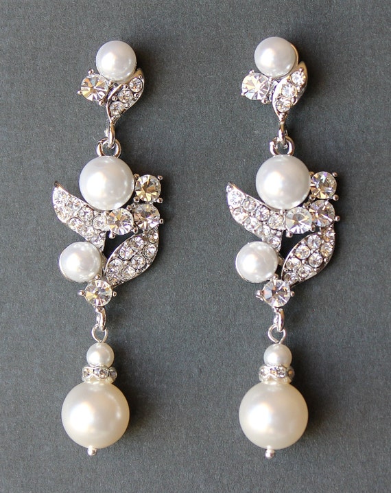 Chandelier Pearl Bridal Earrings Crystal Leaf and by JamJewels1