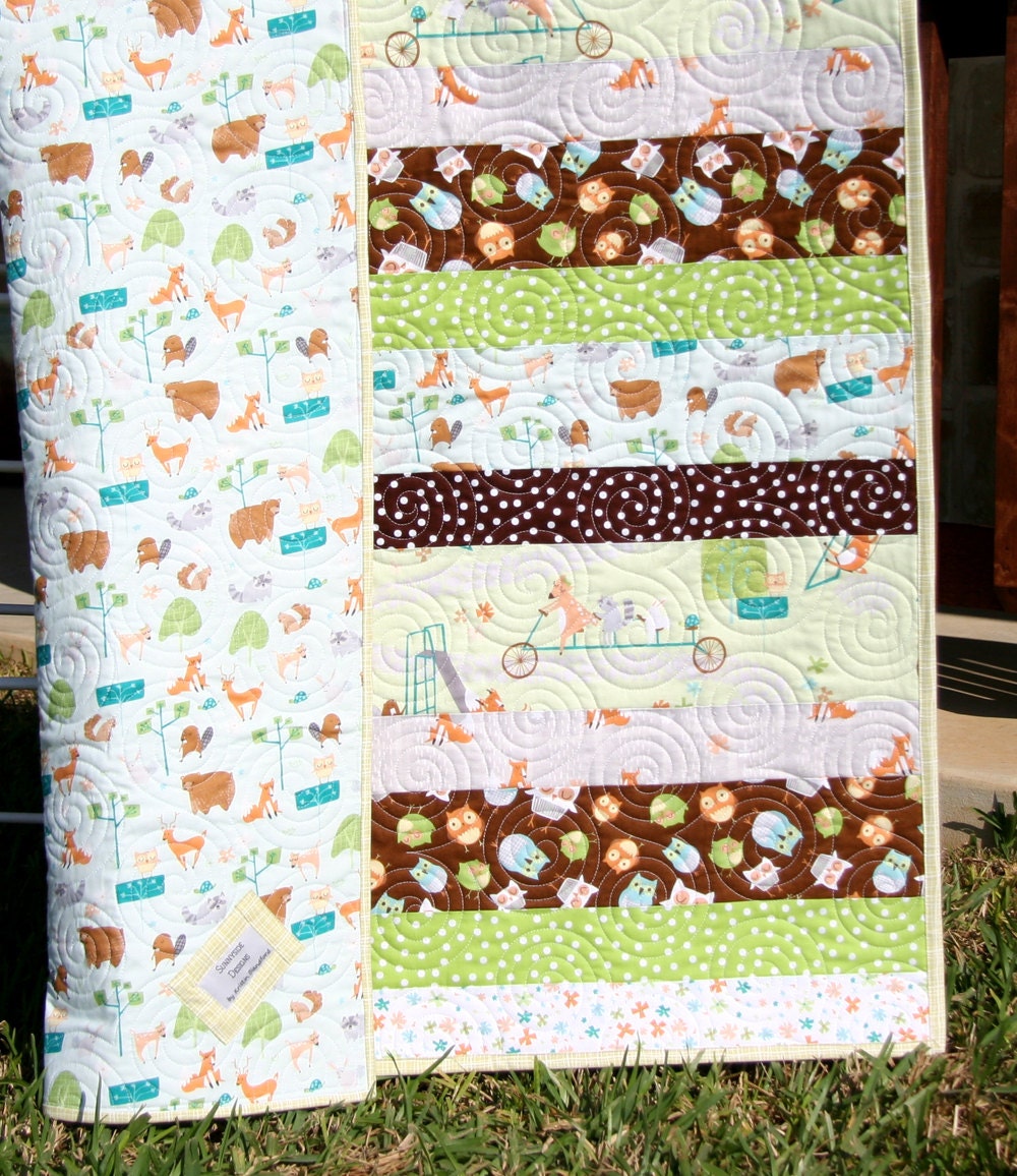 SALE Woodland Animals Quilt Striped Fun Pattern Owls Fox Deer