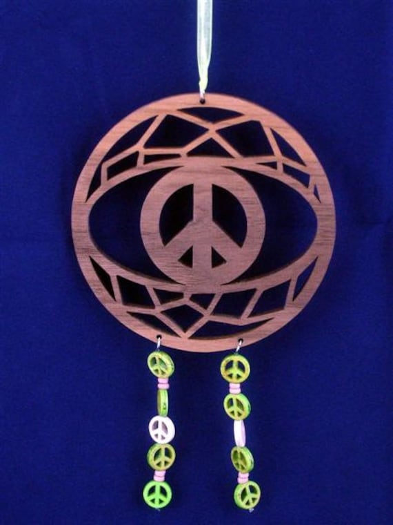 Peace Sign Dream Catcher with Green Peace Beads Handcrafted from Walnut Wood