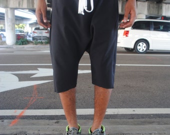 Basic Black Drop Crotch Harem Shorts / Mens Shorts / White Adjustable Drawstring / Stash Pocket / Handmade by GAG THREADS