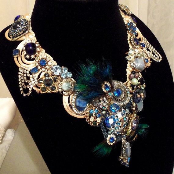 Blue Gemstone Choker Vintage Bejeweled by HopscotchCouture on Etsy