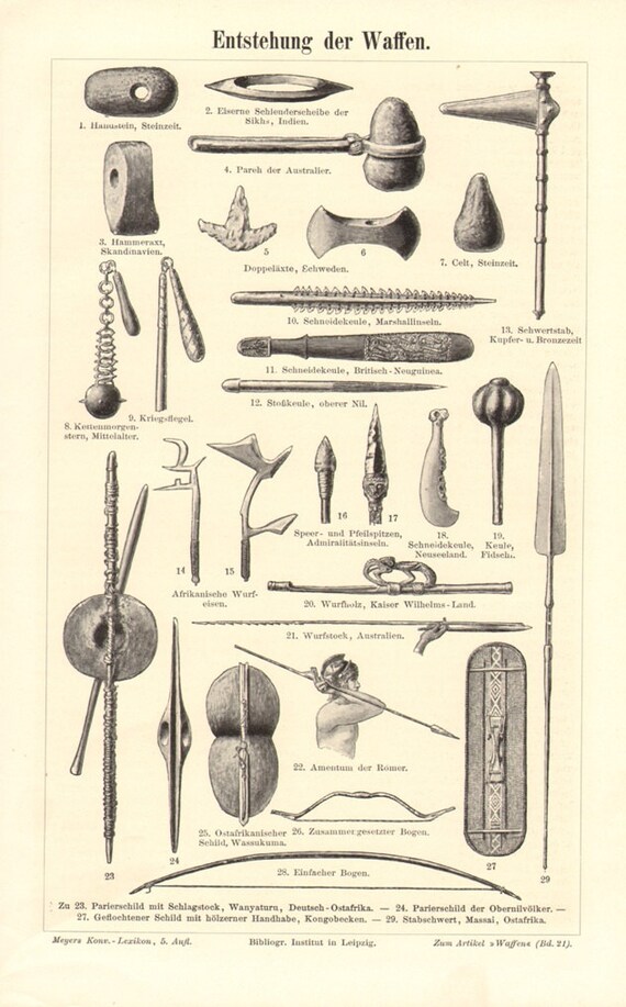 1894 Vintage Print of Primitive Weapons