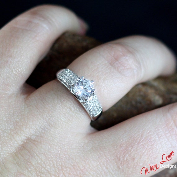 Ready to ship White Sapphire & Diamond 5 row pave Engagement Ring Round cut 1ct 6mm Size 6.5 Wedding Anniversary Solitaire