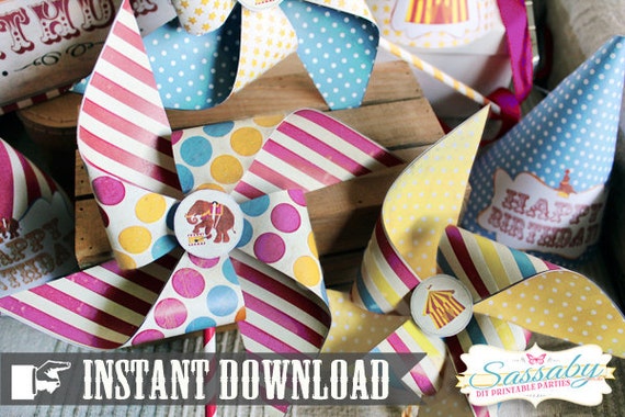DIY Vintage Circus Pinwheels - INSTANT DOWNLOAD - Printable Birthday Party Decorations by Sassaby Il_570xn