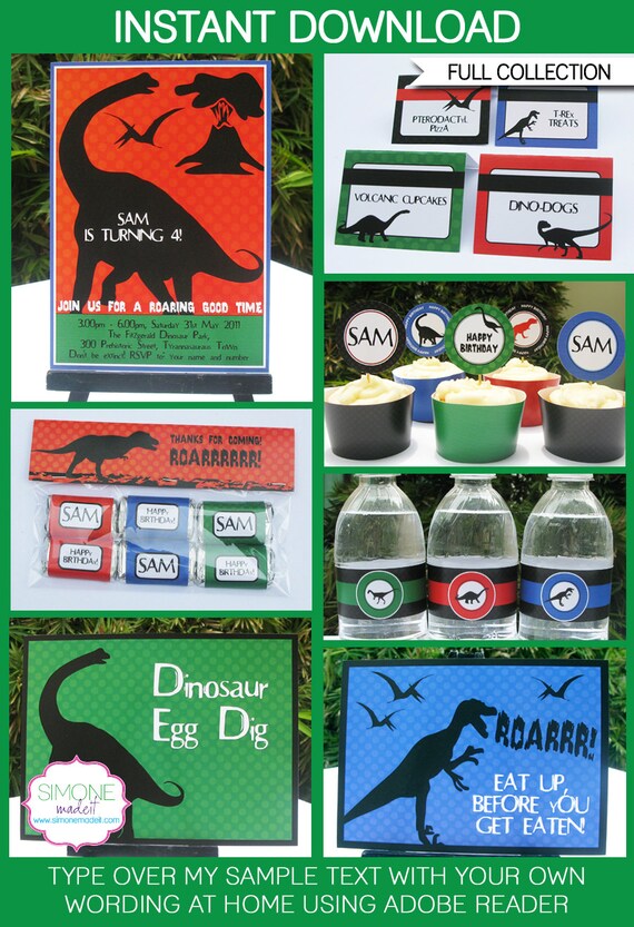 Dinosaur Birthday Party Invitations & Decorations - full Printable Collection - INSTANT DOWNLOAD and EDITABLE text - you personalize at home