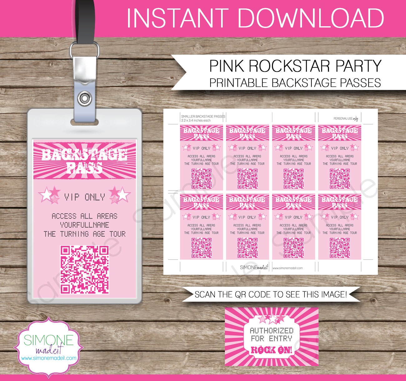 Rockstar Party Backstage Pass printable insert INSTANT