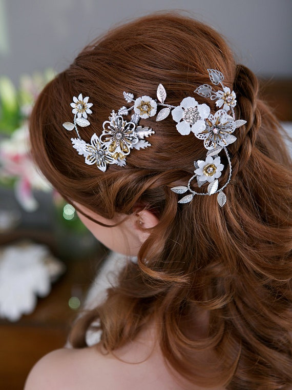 Ivory, White, Flower Hair Crown Silver Gold Crystal Silver Leaves Head Piece Bridal Hair Vine, Tiara, Flower Headband, Hair Clip, STYLE 160