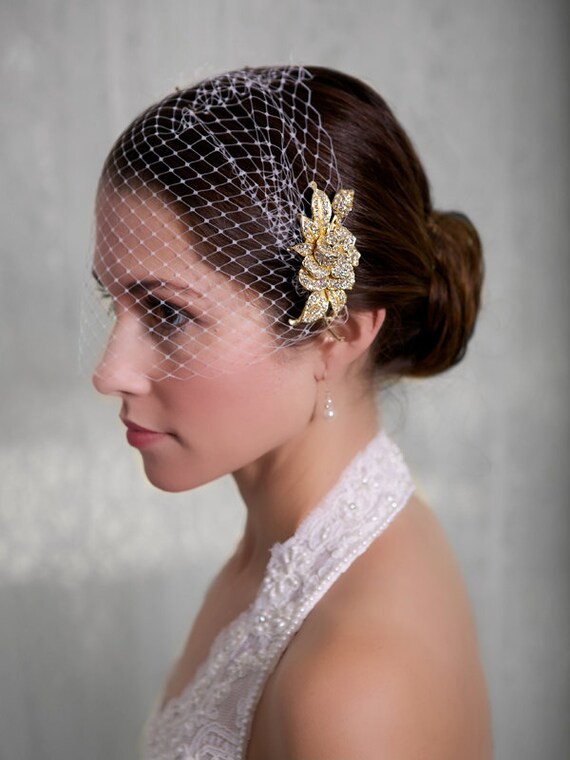 Bridal Veil and Gold Bridal Comb Bandeau Birdcage Veil Gold