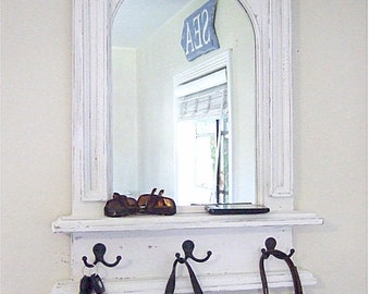 The White Arch Mirror with Shelf & Hooks - Handmade French Architectural design by Arcadian Cottage