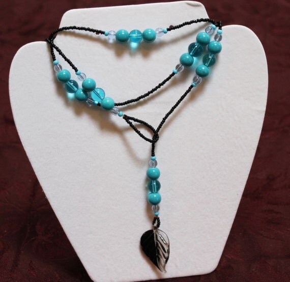 Black Seed Bead Lariat Necklace, Blue Glass Beads with Leaf Pendant Handmade Lariat, Leaf Necklace, Leaf Lariat, Black & Blue, Long Necklace