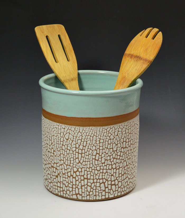 Stoneware Utensil Crock with Crackle and Robins by RhynoClayworks