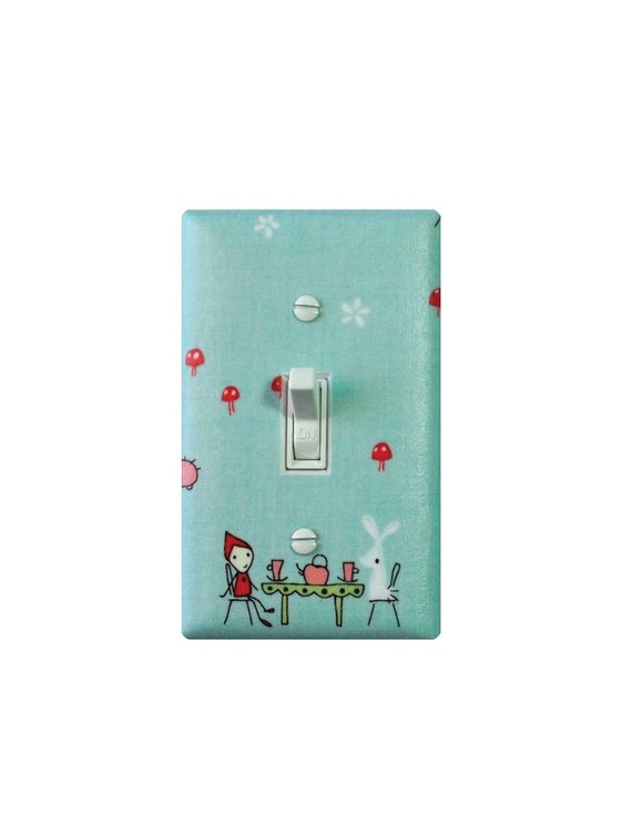 24 New fairy light switch covers 423 Tea Party Light Switch Plate Cover / Fairy and Bunny Rabbit / Aqua   