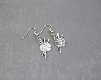 Knitting Earrings - Yarn Earrings - Knitting Jewelry - Handmade Jewelry - Knit Jewelry - Tibetan Silver Earrings - Knit