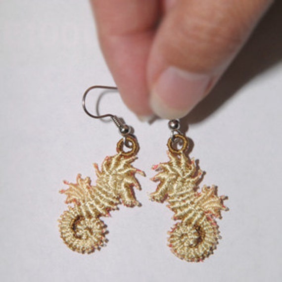 Seahorse Lace Earrings Free Standing Lace Nautical by poofhawk