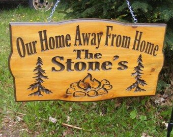 Camping sign Personalized Cedar Carved Wood Sign Trees and Stone campfire You can choose your wording