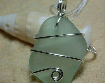 Wire wrapped seafoam green sea glass necklace with sterling silver chain