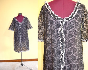 1960s Vintage Lisette Black Lace Peignoir Robe size Medium (M L) bust 38