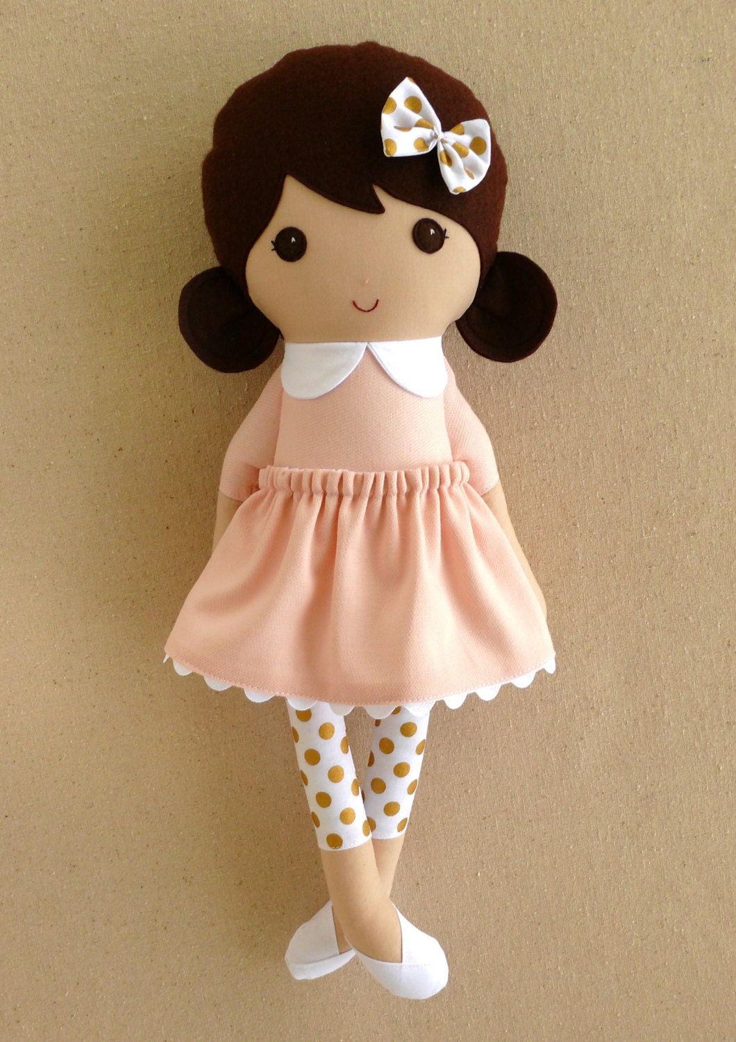 Fabric Doll Rag Doll Brown Haired Girl in Sweet Pink Dress and