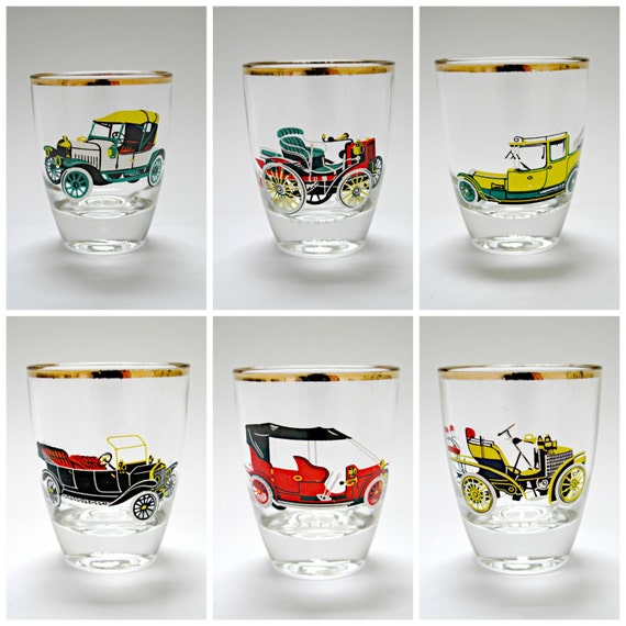 Set of 6 Vintage Novelty Shot Glasses Featuring Cars