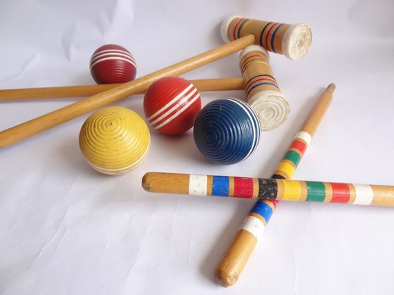 vintage croquet set wooden balls mallets by VintageBettyLuke