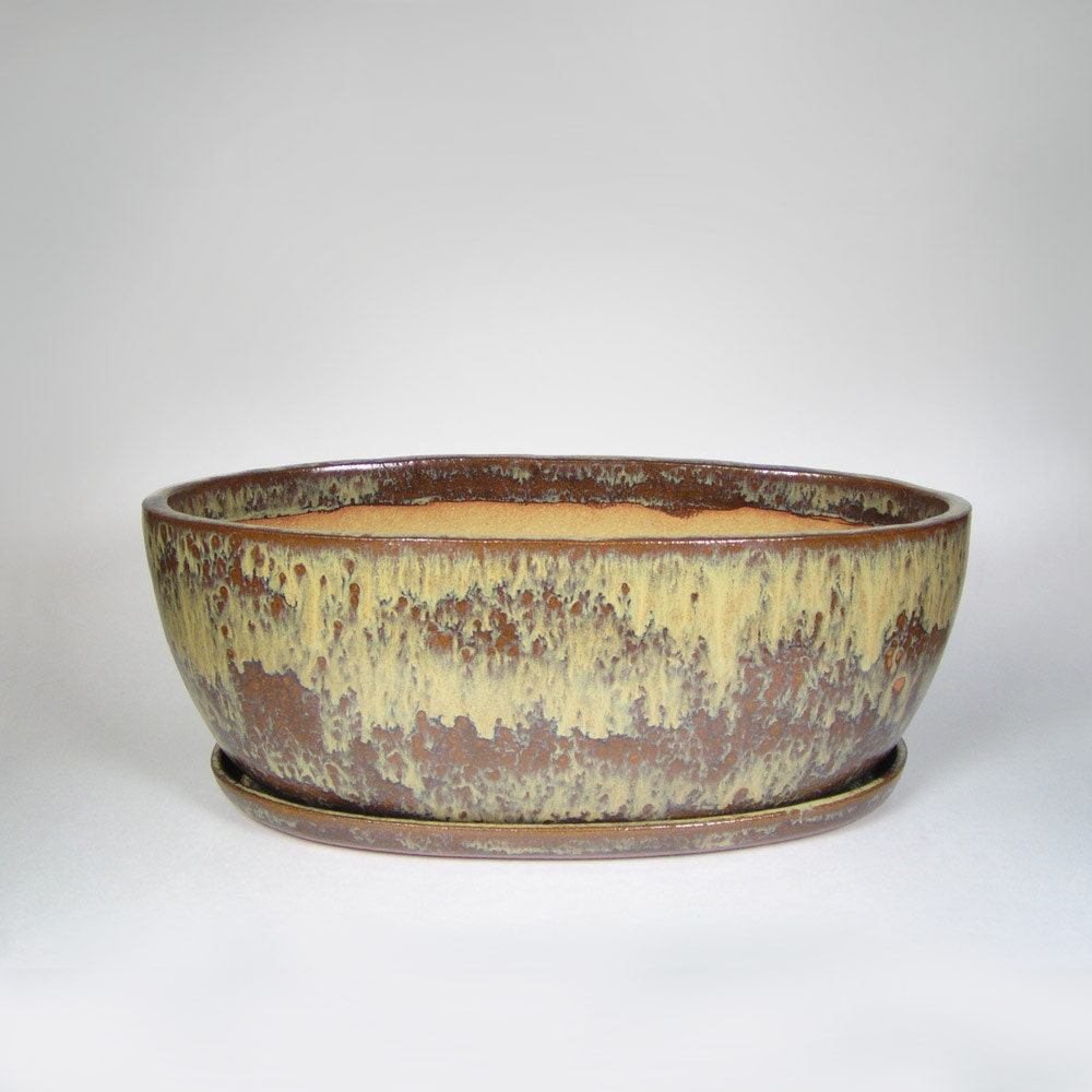 Large Oval  Planter  With Tray Mottled Tan by 